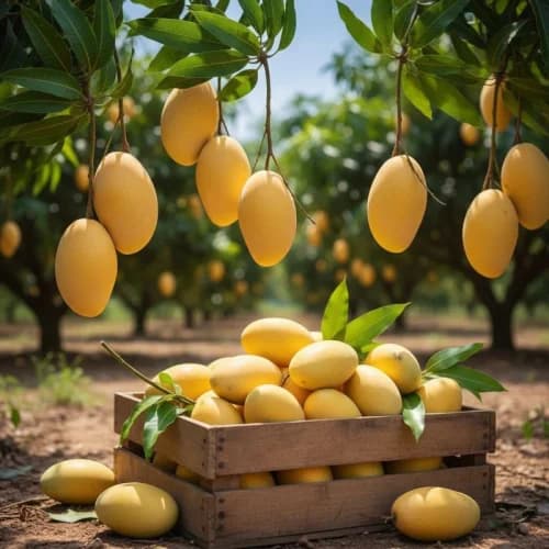 Mangoes hanging from orchard trees in Andhra Pradesh